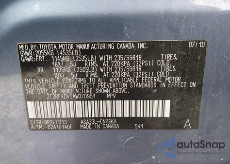 2010 Toyota Rav4 Sport from USA, damaged, VIN 2T3RF4DV5AW070951